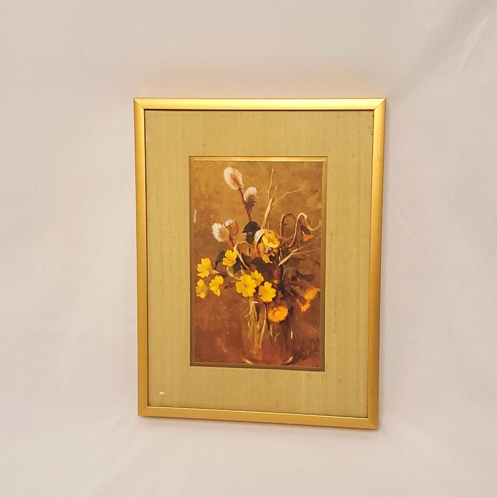 Framed Floral Art Mini Print Yellow with Gold Tone Frame